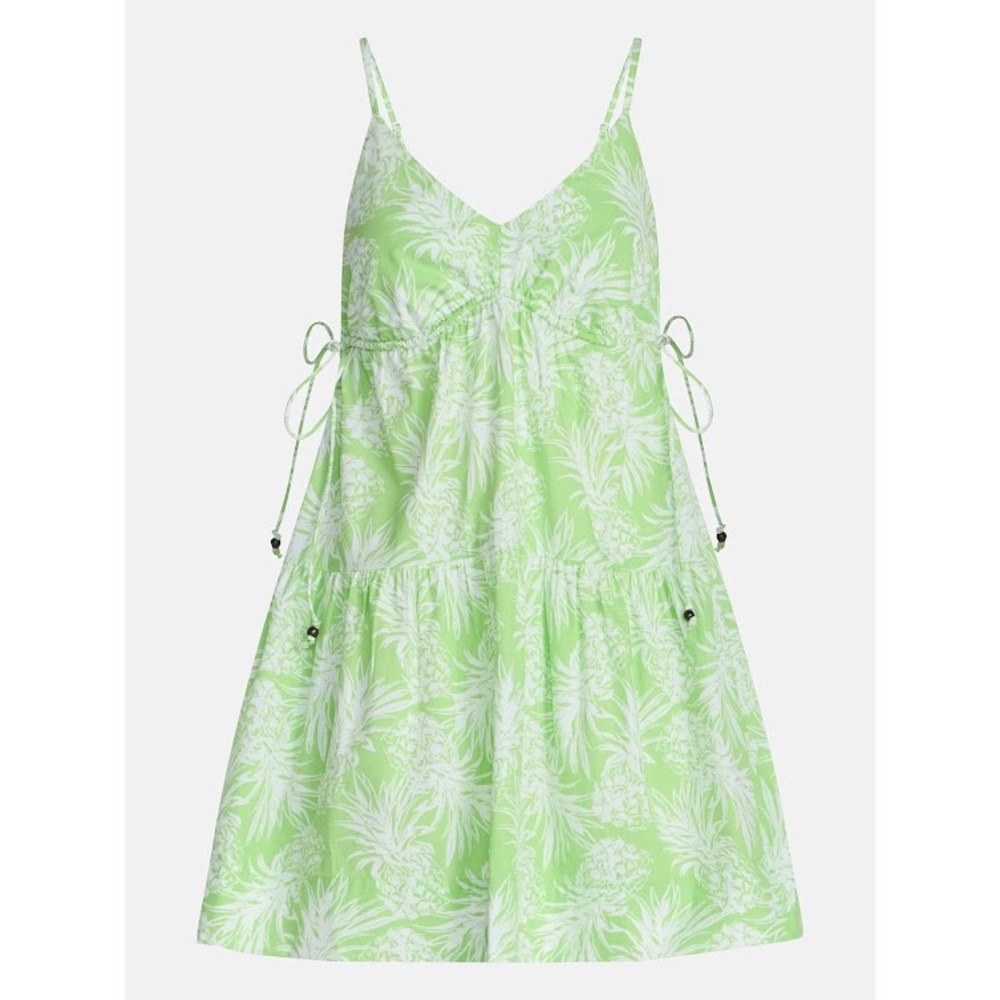Green Pineapple Print Tiered Mini Dress V-Neck Smocked Back Side Ties Summer - Picture 5 of 5